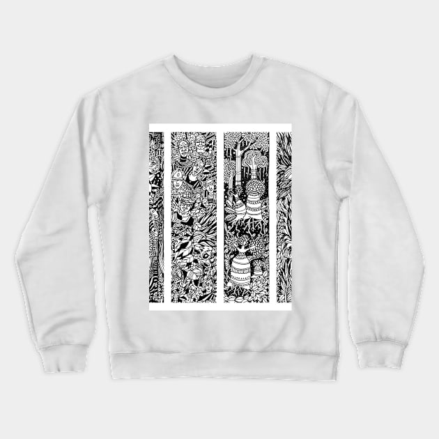 Forest Life Theme of Four Illustrative panels is a Composition of trees, leaves, vines, tribal people Crewneck Sweatshirt by GeeTee